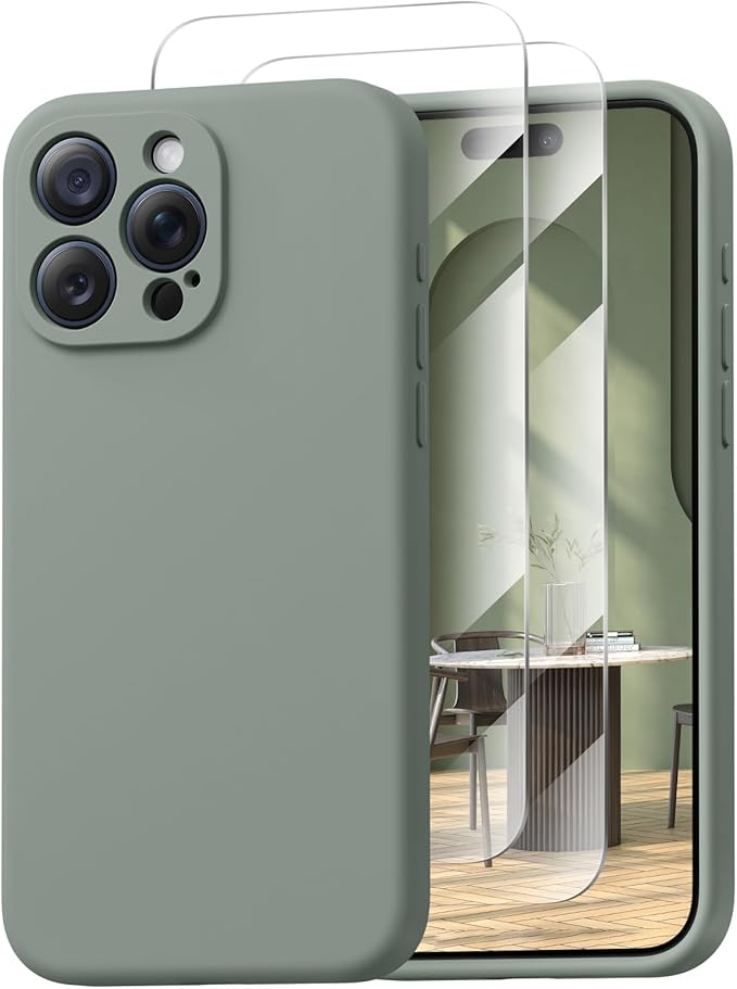 Magnetic for iPhone 15 Pro Case, Compatible with MagSafe, with 9H Nano Screen Protectors, Full Camera Protection, Silicone Shockproof Microfiber Lining Phone Case 6.1", Calke Green