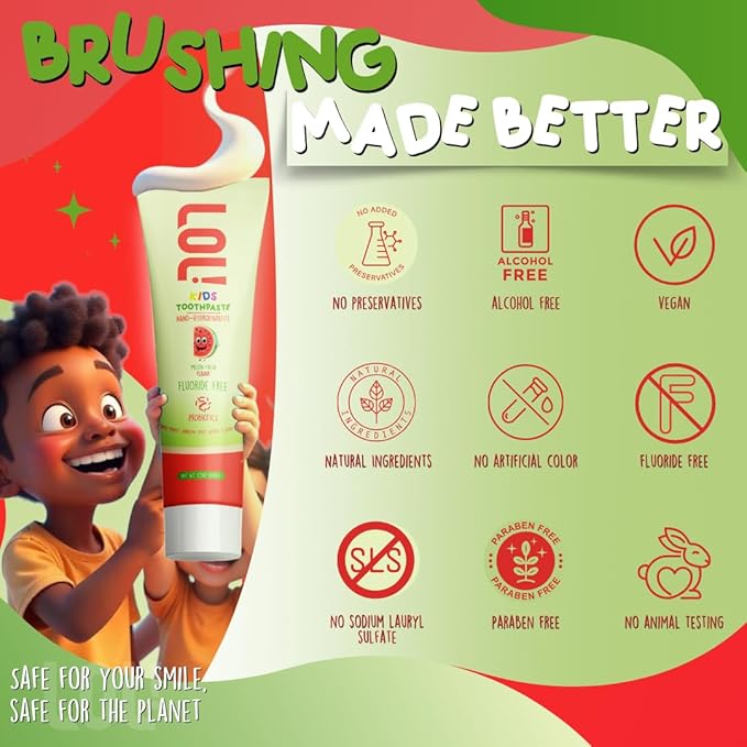 LOL Kids Toothpaste | Fluoride Free 4-Flavors Pack | Nano Hydroxyapatite Toothpaste, Probiotics, Vitamins A, C, E | Safe if Swallowed, No SLS | 1 Strawberry, 1 Melon Flavor, 1 Peppermint, 1 Cinnamon