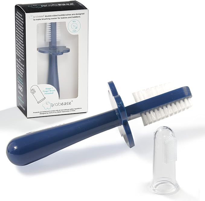 grabease Toddler Toothbrush - Double-Sided Soft Silicone Bristles & Anti-Choke Shield - Baby Toothbrush & Finger Brush for 12+ Months - Navy, 1 Count