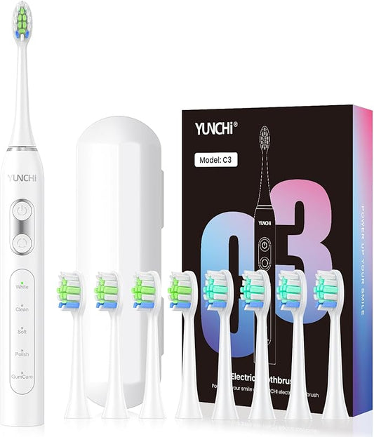 YUNCHI Sonic Electric Toothbrush for Adults Teens, Rechargeable Battery Toothbrush with 8 Brush Heads, 90 Days, 44000 VPM Powerful Motor, 5 Models & 2 Minutes Built in Smart Timer, Travel Case,White