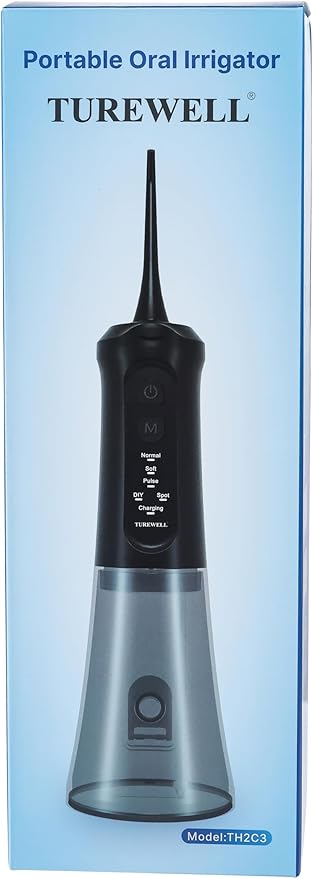 TUREWELL Water Dental Flosser for Teeth/Braces, 310 ML Portable Cordless Oral Irrigator with 5 Modes, IPX7 Waterproof Electric Water Flossing with 4 Replacement Jet Tips for Travel and Home, Black
