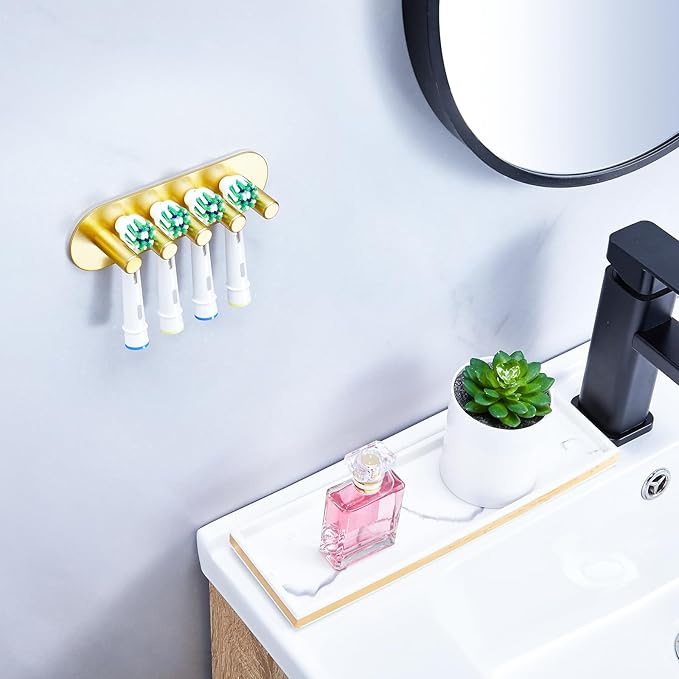 Electric Toothbrush Head Holder, Toothbrush Holders Wall Mounted, Adhesive Tooth Brush Head Holder Organiser, Electric Toothbrushs Holder, Shower Tooth Brushing Holder (Gold, Large)