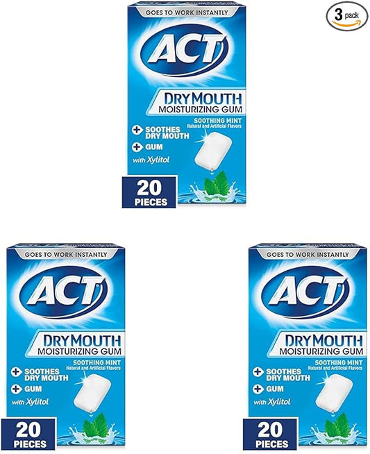 ACT Dry Mouth Moisturizing Gum, 20 Pieces, With Xylitol, Sugar Free Soothing Mint (Pack of 3)