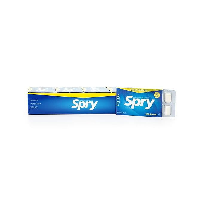 Spry Fresh Natural Xylitol Chewing Gum Dental Defense System - Aspartame-Free, Sugar-Free, Non-GMO, Gluten-Free (Peppermint, 10 Count Blister Cards - Pack of 20)