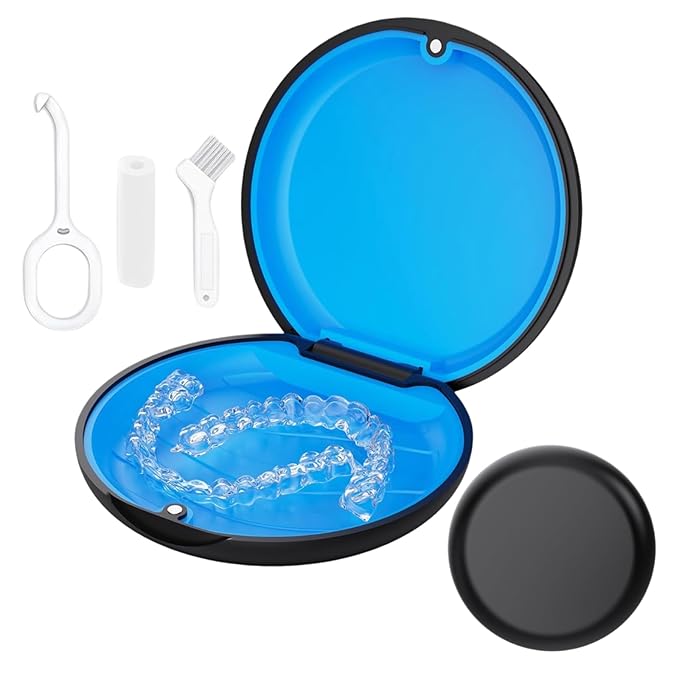 Retainer Case, Slim Aligner Cases for Invisalign, Mouthguard Case with Removal Tools& Aligners Chewies& Brush, Removable Inner Tray Silicone for Easy Cleaning (Black)