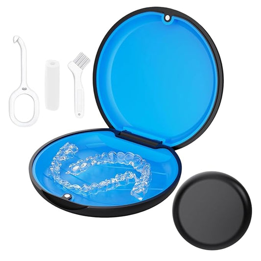 Retainer Case, Slim Aligner Cases for Invisalign, Mouthguard Case with Removal Tools& Aligners Chewies& Brush, Removable Inner Tray Silicone for Easy Cleaning (Black)