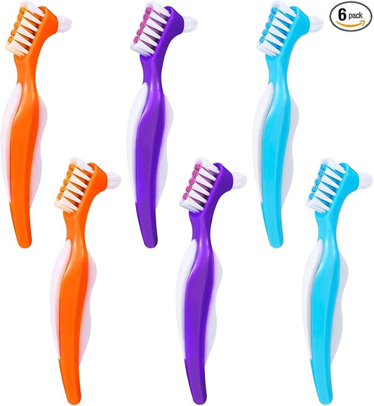 6 Pack Denture Cleaning Brush Dual Head Portable Denture Toothbrush Hard Double Sided Multi-Layered Bristles False Teeth Toothbrush for Care Clean Clear Brace Mouth Guard(Blue Orange Purple,Angled)