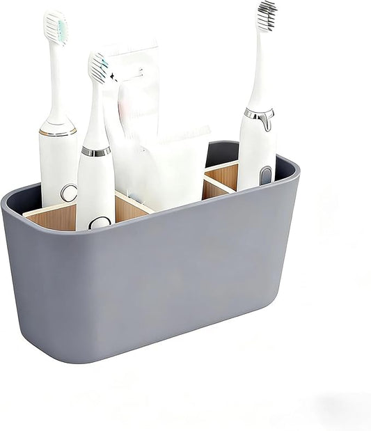 Toothbrush Holders for Bathrooms, Bamboo Tooth Brush Holder with 5 Slots Bathroom Vanity Organizer Countertop for Electric Toothbrushes, Toothpaste, Razors - Gray