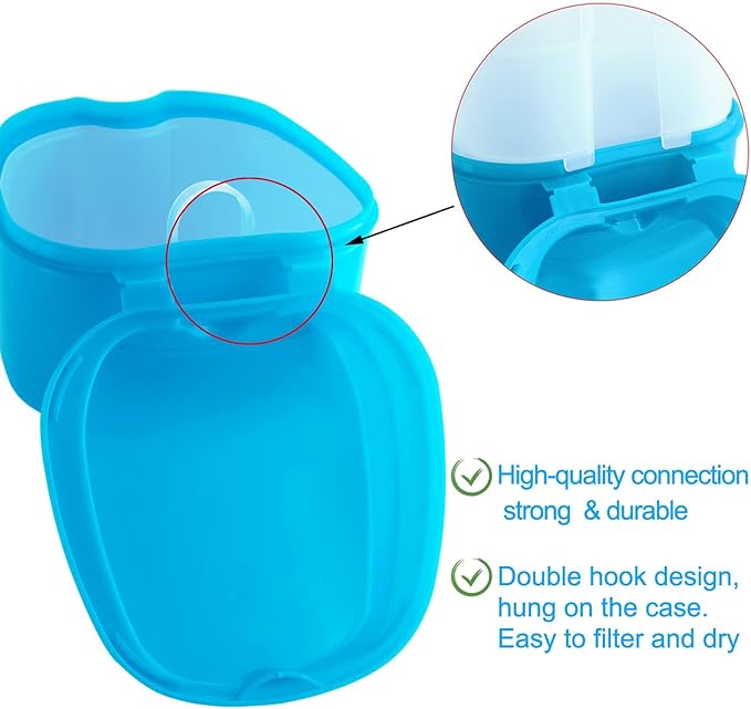 2 Pack Denture Case Dental Mouthguard Case, Denture Bath Box Cleaning with Brush, Strainer Basket and Lid Waterproof - Purple and Blue