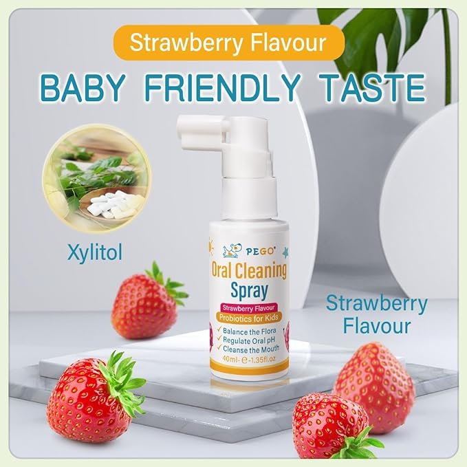 PEGO Kids Oral Spray, Toddler Toothpaste Helper for Daily Oral Care and Fresh Breath, Children Approved with Fluoride Free for Newborn to Preschoolers, Xylitol (40ml*2, Strawberry)