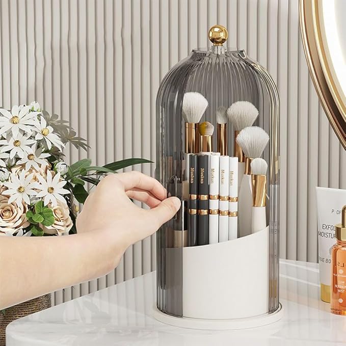 Makeup Brush Holder Organizer with Lid, 360° Rotating Clear Dustproof Cosmetics Storage, Makeup Brushes Cup Pen Holder for Vanity Desktop Bathroom Countertop (Clear Black Cap)