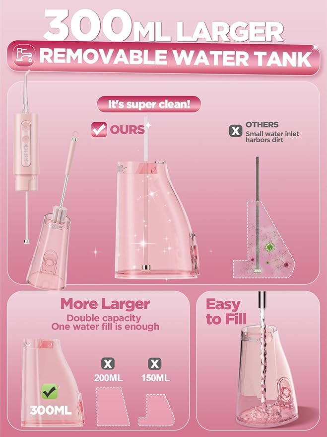 Water Dental Flosser Teeth Pick: Portable Cordless 4 Modes Flossers Pic 300ML Rechargeable Floss Pik Powerful IPX7 Waterproof Oral Irrigator for Cleaning Gum Care Braces for Home Travel (02_Pink)