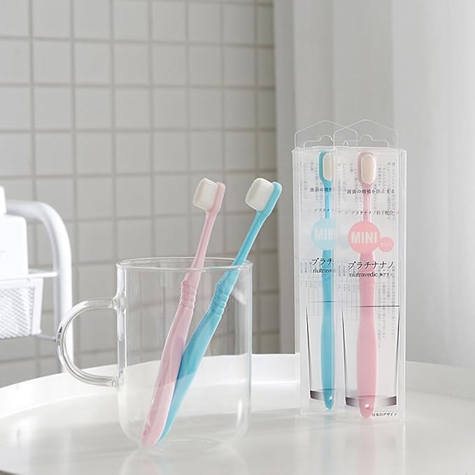 Ultra Soft Bristle Toothbrush 2pcs for Gums Care with Long Handle, Microfine Bristles, Blue and Pink, Manual Toothbrushes for Daily Oral Cleaning and Sensitive Teeth Care