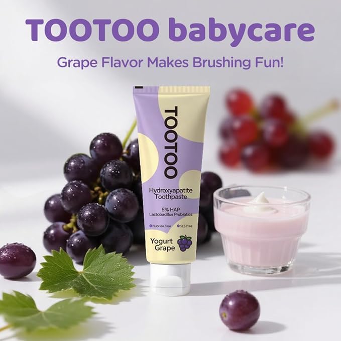 TooToo Fluoride Free Kids Hydroxyapatite Toothpaste - Probiotics & Xylitol Toothpaste - Safe to Swallow, All Natural - Yogurt Grape Favor, 8.4 OZ