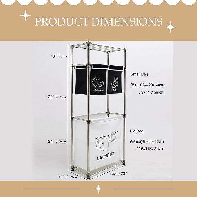 2-3 Tier Laundry Hamper with Removable Fabric Bins, Freestanding Laundry Sorter Organizer with Hooks, Foldable Sorting Basket for Bedroom, Bathroom & Dorm (3-Tier)