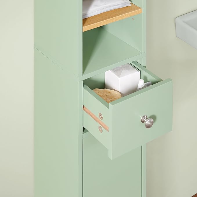 SoBuy Bathroom Narrow Storage Cabinet Skinny Tall Unit with Adjustable Shelves Slender Anti-Tipping Floor Standing Cupboard, Light Green BZR34-GR