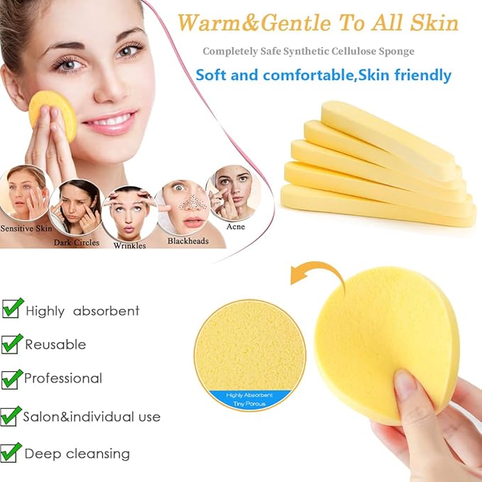 Compressed Facial Sponge,Reusable Makeup Blender 60 Count,Soft Round Wash Sponges for Estheticians Makeup Removal,Face Cleansing Exfoliating Compress Spa Pads for Women,Yellow