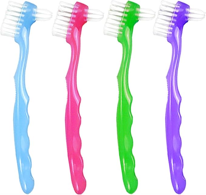Denture Toothbrush, 4Pcs Denture Brush, Dual Head Toothbrush with Hard Bristles, Comfortable Handle for Elderly, Easy to Use Hard Hygienic Bristle for Care Cleaner