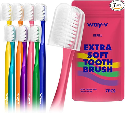 Way.V Extra Soft Toothbrush 7 Pack for Sensitive Gums and Teeth 3000 Ultra Gentle Bristles Brushes with Hygienic Head Covers Friendly Dentist Recommended BPA Free - Family Refill Pink 7 Pack
