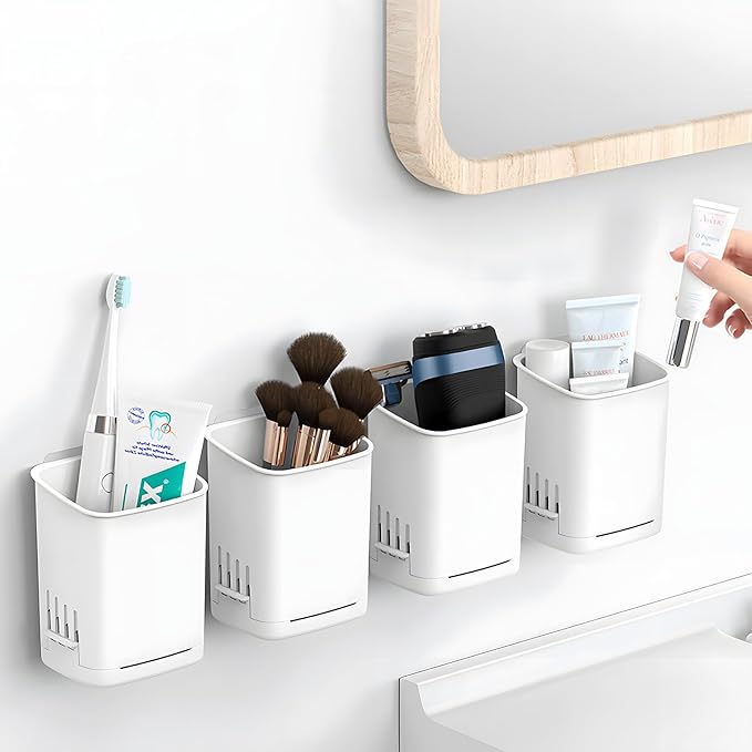 2 Packs Wall Mounted Toothbrush Holders, Self Adhesive Bathroom Toothbrush Wall Holder for Electric Toothbrush, Toothpaste, Razor,Shower Item (White