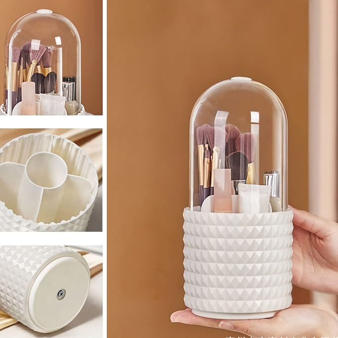 Makeup Brush Holder Organizer with Lid,360° Rotating Dustproof Make Up Brushes Container with Clear Acrylic Cover, Spinning Cosmetics Holders Storage Cup with 5 Compartment for Vanity and Bathroom