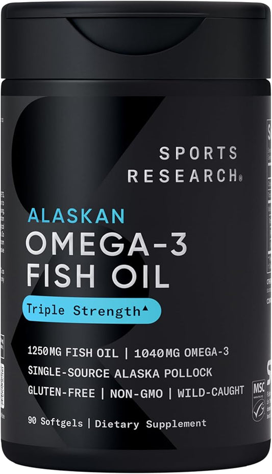 Sports Research Triple Strength Omega 3 Fish Oil - Burpless Fish Oil Supplement w/EPA & DHA Fatty Acids from Single-Source Wild Alaska Pollock - 1250 mg, 90 ct