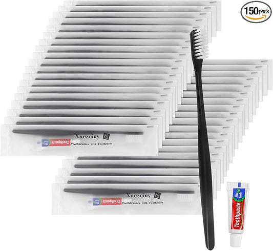 Disposable Toothbrushes with Toothpaste Pack of 150,Black Individually Wrapped Disposable Travel Toothbrush Kit in Bulk for Homeless,Nursing Home,Shelter,Hotel,Charity
