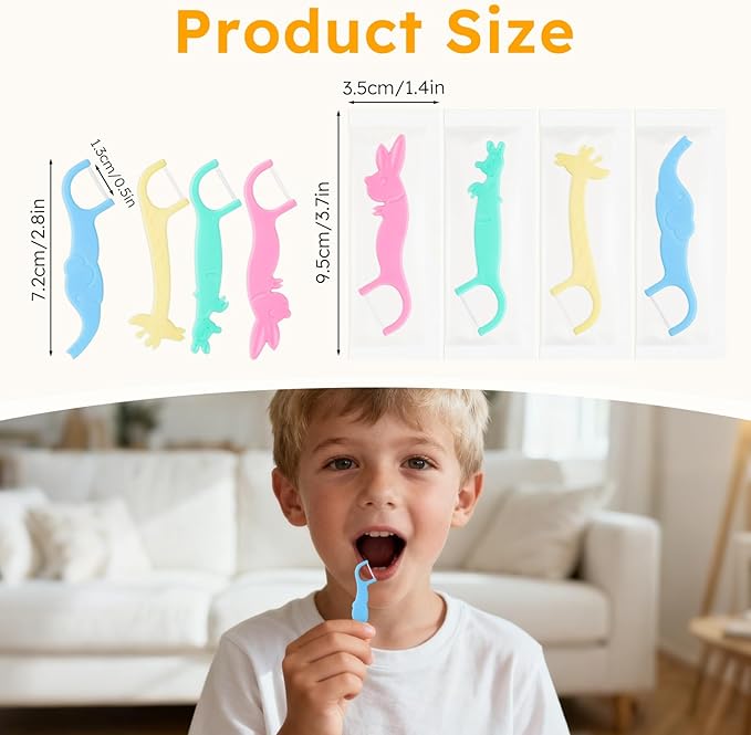 Kids Floss Individually Wrapped Kids Dental Floss Picks 4 Cute Animal Shapes Fun Flossers Helps Prevent Tooth Decay & Gum Diseas for Family, Travel, and picnics 4 Colors (200)