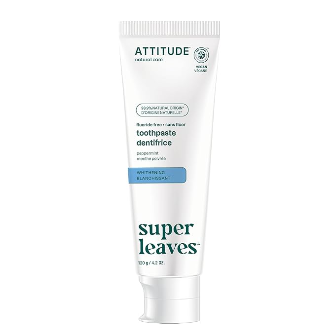 Attitude Fluoride-Free Whitening Toothpaste, Peppermint Flavor, Vegan & Cruelty-Free, Sugar-Free, Plant & Mineral-Based Ingredients, Clean Oral Care, 4.2 Oz