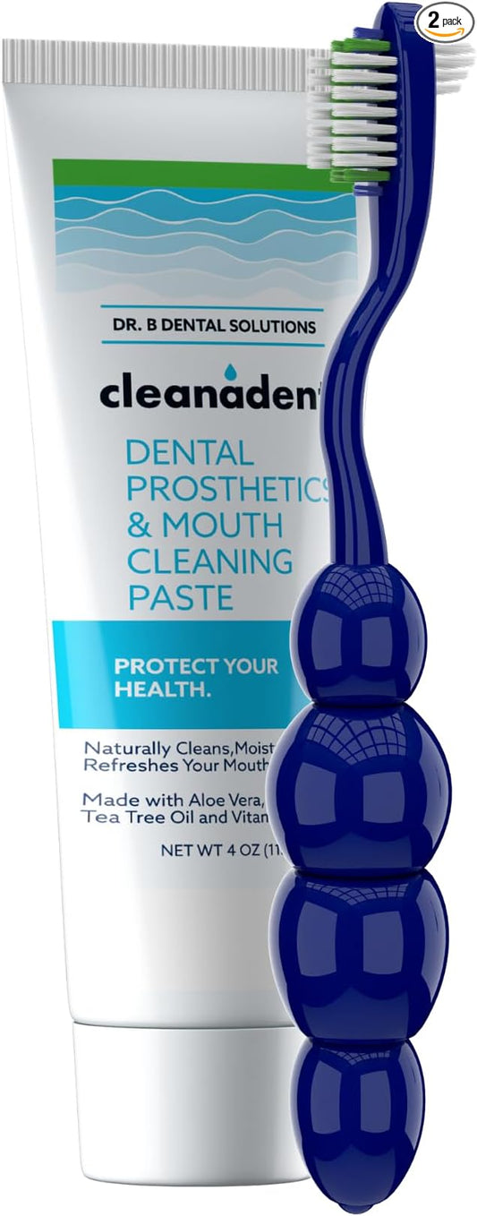 Dr. B Dental Solutions Denture Care Bundle | Cleanadent Denture & Gum Toothpaste (4 oz) + Ergonomic Toothbrush with Extra Soft Bristles | Ideal for Healthy Gums, Freshness & Stain Removal