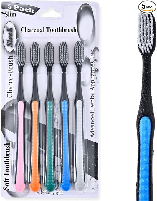 ADA Cavity Defense Activated Charcoal Toothbrush 5 Pack Ultra-Soft Flosspick Bristle for Sensitive Teeth & Gums, Aids in Teeth Whitening, Extra Soft, Slim Grip (5 Count)