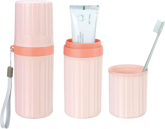 Mulbozy Travel Toothbrush Holder, Large Travel Toothbrush Cup Case, Portable Travel Toothbrush Toothpaste Makeup Storage for Business Trip Camping School - Pink
