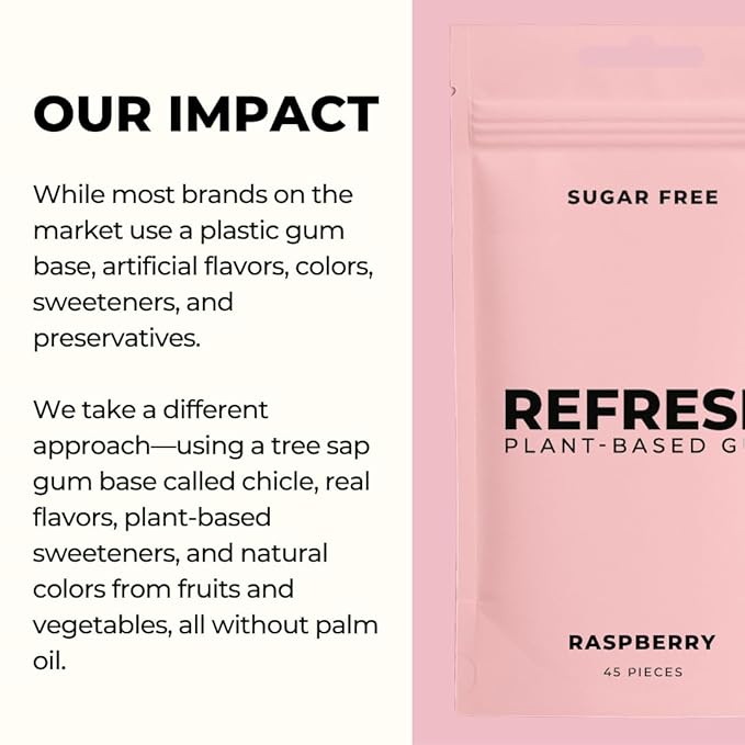 Refresh Gum Raspberry –Xylitol, Sugar Free Chewing Gum Pouches, Natural Flavor & Organic Ingredients – Aspartame Free, Plant-Based, Non-GMO – 45 Pieces Each, 3 Pack