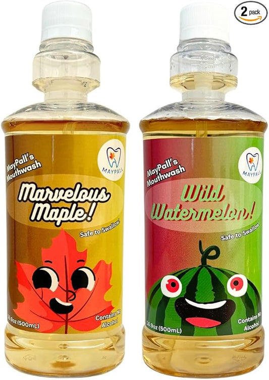 Maple and Watermelon Flavored Kid's Mouthwash, Safe to Swallow, Natural, Promotes Healthy Teeth, Gentle Taste, No Burn, Fluoride Free, Alcohol Free, 16.9oz (Pack of 2).