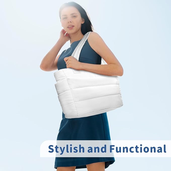TOPDesign Puffer Tote Bag for Women, Lightweight Puffy Handbag with Compartments, Quilted Shoulder Bag for Work, Travel, Gym