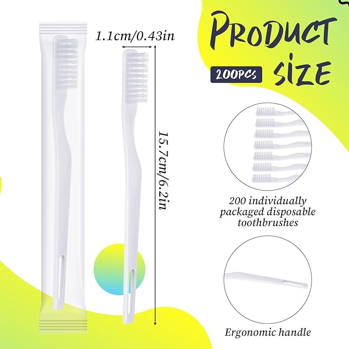 200 Pack Individually Wrapped Toothbrushes, Disposable Toothbrushes Bulk Soft Bristle Tooth Brush Single Use Toothbrush Bulk White Toothbrush for Adult Home Hotel Guest Camp Travel