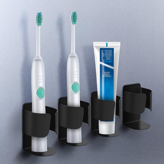 Electric Toothbrush Holder, 304 Stainless Steel Wall Mounted Self Adhesive Storage Organizer Stand Rack for Electric Toothbrush, Toothpaste, Facial Cleanser(4 Pack Black)