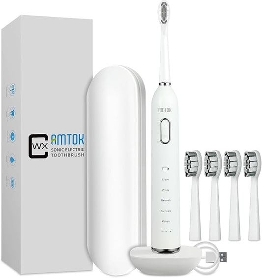 CWX Sonic Electric Toothbrush Wireless Fast Charging, 5 Cleaning Modes, 3 Intensity Settings, 60 Days Battery Life, 2 Min Smart Timer, 4 Brush Heads & Travel Case IPX7 Waterproof