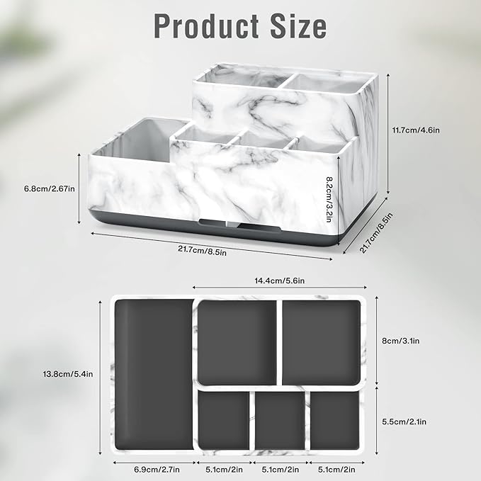 Toothbrush Holders for Bathrooms, Plastic Bathroom Countertop Organizer Compartment, Vanity Organizer Tray,Countertop Organizer Box, Kids Desk Organizers and Storage,White Marble Pattern