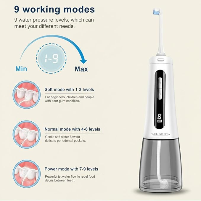 Cordless Water Flosser for Teeth – 300mL Large Tank, 9 Pressure Levels, LED Display, USB-C Rechargeable, IPX7 Waterproof Dental Oral Irrigator for Home & Travel (White)