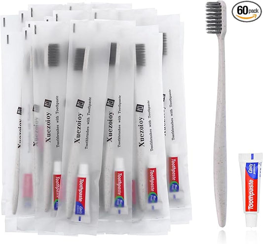 Xuezoioy Disposable Toothbrushes with Toothpaste,60Pack Apricot Individually Wrapped Disposable Travel Toothbrushes Kit in Bulk for Homeless,Nursing Home,Hotel,Charity