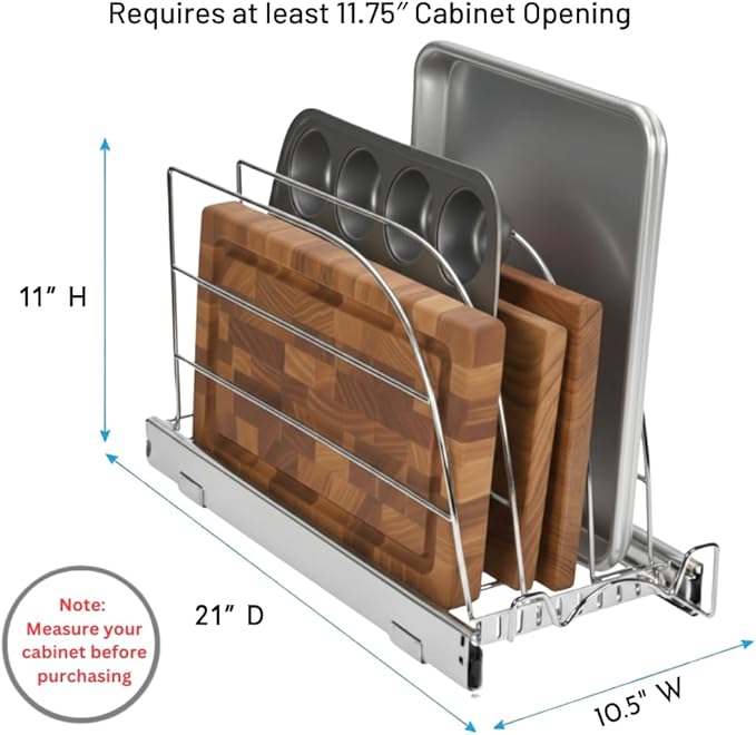 HOLDN’ STORAGE Pull Out Organizer for Bakeware, Cutting Board and Trays, Adjustable Dividers - Heavy Duty, Lifetime Limited Warranty - For Narrow Cabinet Spaces, 10.5”W x 21”D x 11”H, Chrome