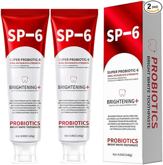 SP-6 Probiotic Whitening Toothpaste – Advanced Formula with 6 Probiotics for Teeth Whitening & Gum Health, Fluoride-Free, Enamel-Safe, Fresh Mint Flavor, 4.9oz (2 Pack)