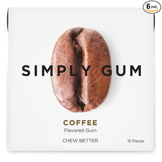 SIMPLY Gum Coffee, Plastic-Free Natural Chewing Gum, 6 Pack (90 Pieces) | Vegan, Kosher, Non GMO, Aspartame Free and Sorbitol Free