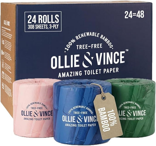 Ollie & Vince Bamboo Toilet Paper | Sustainable, Eco-Friendly, Plastic-Free & Tree-Free, Organic | 24 Rolls, 3-Ply, Soft, Strong & Septic Safe, Unscented | Premium Bathroom Tissue