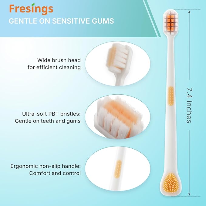 10-Pack Ultra Soft Toothbrushes for Sensitive Gums, Extra Soft Bristles, Built-in Tongue Scraper, Individually Wrapped Manual for Adults & Kids, Travel, Home, Guest, Braces, 5 Colors