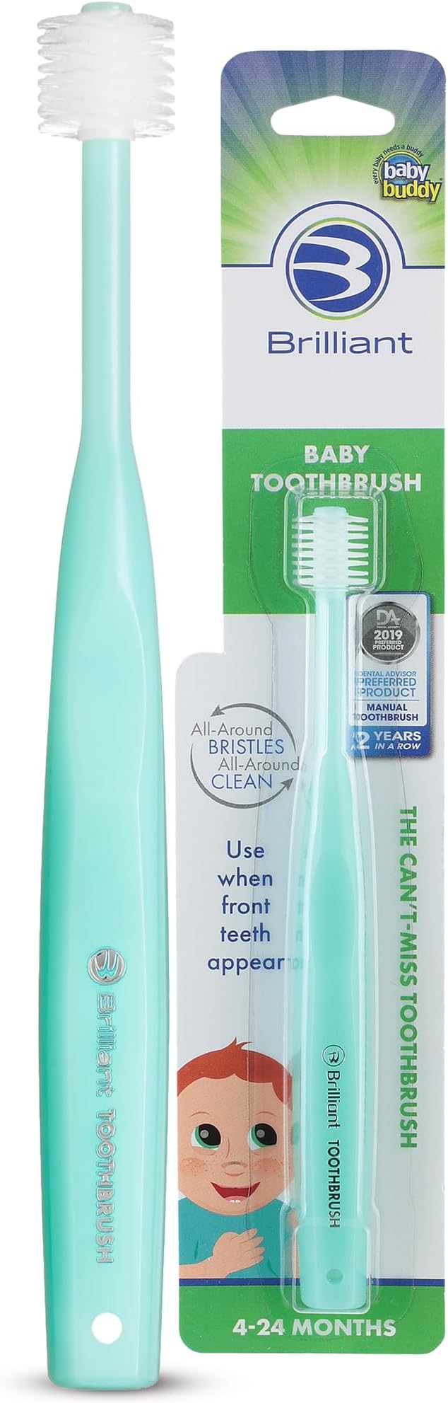 Brilliant Oral Care Baby Toothbrush with Soft Bristles and Round Head, for a Toddler Approved, Easy to Use All-Around Clean Mouth, Ages 0-2 Years, Mint Green, 1 Pack