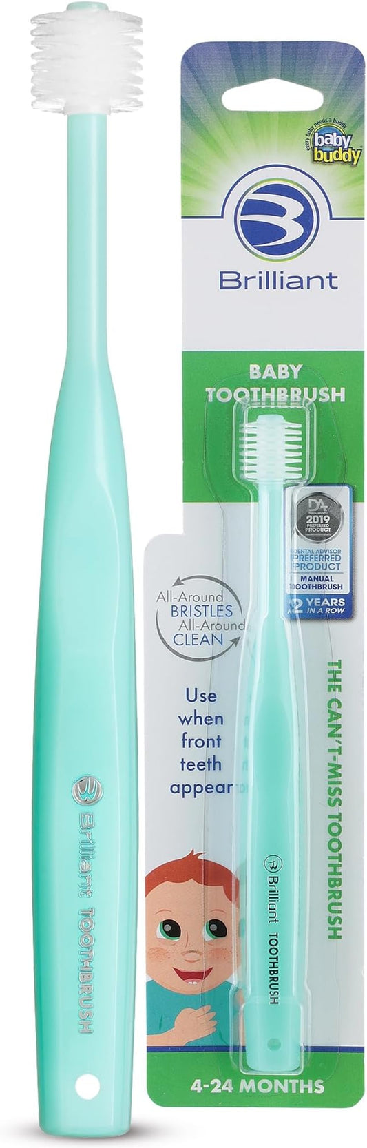 Brilliant Oral Care Baby Toothbrush with Soft Bristles and Round Head, for a Toddler Approved, Easy to Use All-Around Clean Mouth, Ages 0-2 Years, Mint Green, 1 Pack