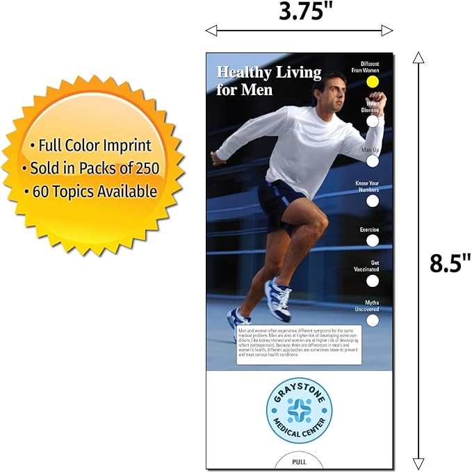 ZOCO - Healthy Living for Men Slide Chart - Custom Promotional Item (Pack of 250) - Diet, Exercise, Mental Health Guide, Brochure - Doctor’s Office, Health Clinics, Fitness Handout - 3.75 x 8.5 in.