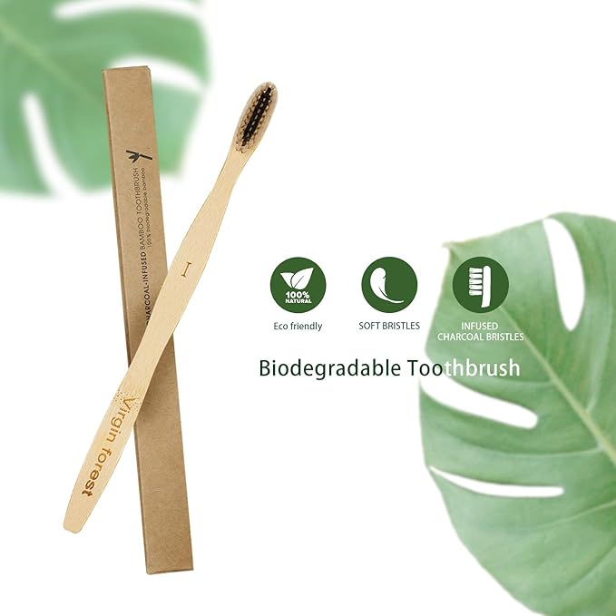 Eco-Friendly Bamboo Toothbrushes - 6 Pack Biodegradable with Charcoal Soft Bristles | Sustainable Dental Care